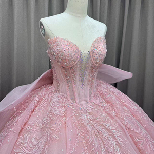 Vestido de noche largo hasta el suelo con perlas de satén y cola lateral, para fiesta de boda, graduación, verano, con decoración de encaje, cintura y cola capilla, para Quinceañera - Product Image 3