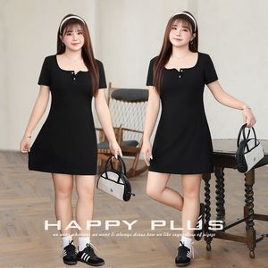 Robe Courte Trapèze Col Carré Runqi Grande Taille Coupe Ajustée Style Simple Respirante Décontractée Quotidienne Couleur Unie - Product Image 3