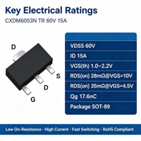 CXDM6053N TR 60V 15A N Channel MOSFET SOT 89 Interrupteur de puissance avec une résistance de 28 mOhm pour composants et appareils électroniques