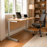 Bureau cantilever avec plateau en stratifié bois clair, panneau de modestie et structure en acier argenté pour salle de formation d'entreprise et espace de travail