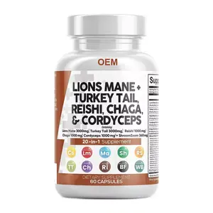 Private Label Reishi Turkey Tail Chaga Cordyceps Lions Mane Mushroom Extract Capsules for Brain Health and Energy