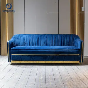 ספה סלון ספה מלכותית כחול ספה לחלל קטן פושאן רהיטים יוקרתיים עיר ספה נפתחת סט עם רגל מתכת זהובה