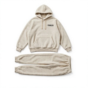 Unisex Oversized Beige <b>Sherpa</b> <b>Fleece</b> Hoodie Sweatshirt Jogger Pants Two Piece Set with Pocket Color Blocking Winter Embroidered - Product Image 1