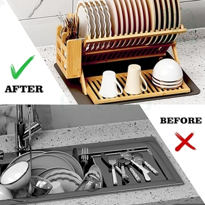 ชั้นวางจานแบบพับได้ปรับระดับได้ ทำจากไม้ไผ่ สำหรับจัดเก็บในครัว พร้อมที่ใส่ช้อนส้อม - Product Image 6