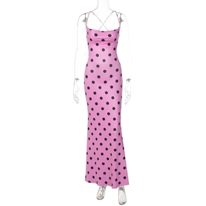Robe longue sirène moulante en satin à pois pour femme, avec bretelles spaghetti et dos croisé - Product Image 6