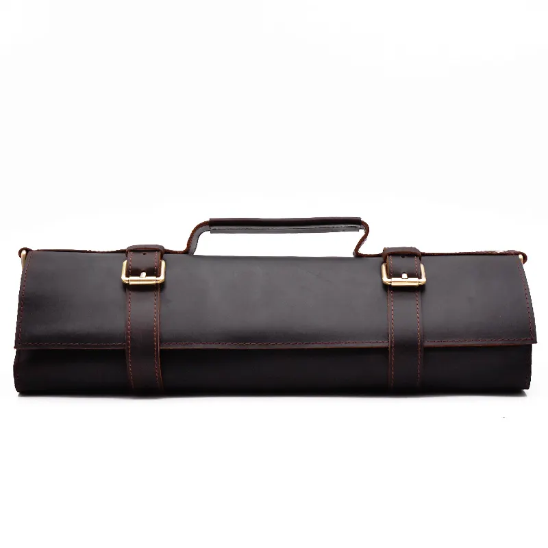 Vintage Top Layer Cowhide Leather Bag Roll Up Toolkit Bag Knife Bag for Cook