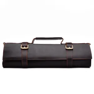 Vintage Top Layer Cowhide Leather Bag Roll Up Toolkit Bag Knife Bag For Cook