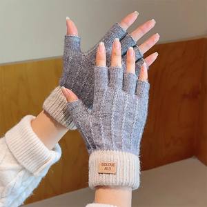 Gants d'hiver sans doigts pour hommes Demi-doigt Office Knitted Thick Wool Warm Label Thick Elastic Outdoor Driving Gloves - Product Image 5