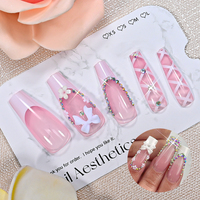 24 Uñas Postizas de Color Rosa con Diseño de Flores Francesas, Uñas de Ballet Largas con Forma de Ataúd, Cobertura Completa, Uñas Postizas con Lazo, Punta de Uña Artificial