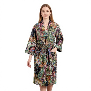 Kimono Kantha d'été élégant fait main, imprimé floral, style bohème japonais, long manteau 100% coton, col en V, multicolore, avec lien - Product Image 1