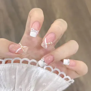 Custom 3D Strong Luxury French Style Long Fake Acrylic Nails Tips False Artificial 24 Nails Designer Press On Nails Wholesale