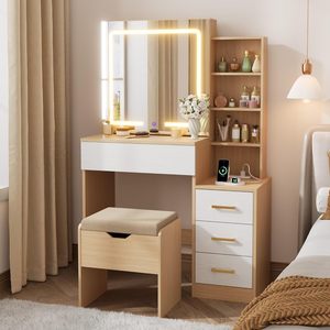 Phoenix nhà hiện đại trang điểm Vanity Bàn 4 Ngăn kéo 7 kệ lưu trữ bàn trang điểm phân 3 ánh sáng trượt gương cho phòng ngủ - Product Image 1