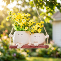 Pot de fleurs suspendu mignon en résine avec visage souriant, pour mère et fille, double pot pour balcon et jardin