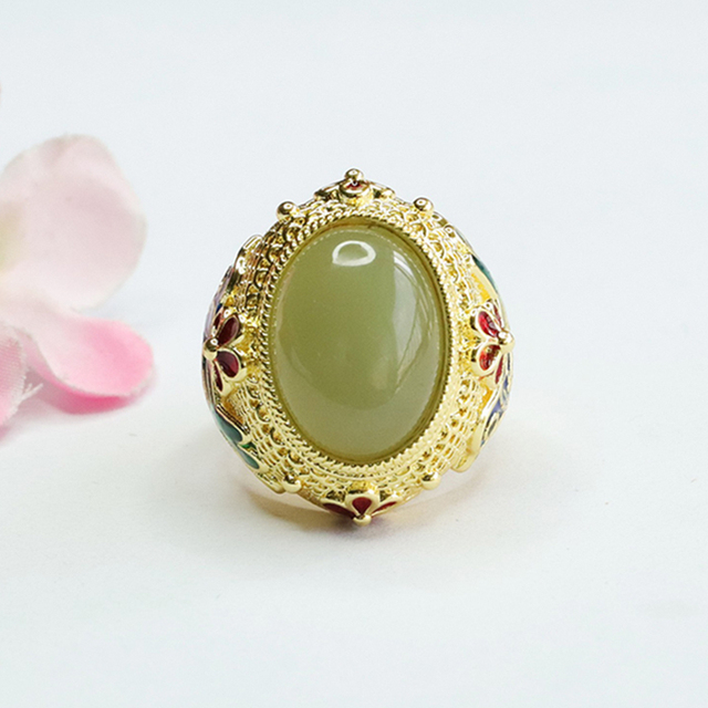 Flower Shape Natural Stone Rings Vintage High Quality Hetian Jade Rings Adjustable Size Gold Plated Brass Finger Rings