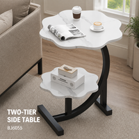 Table basse moderne à deux niveaux en MDF imprimé marbre, forme florale, avec cadre en fer noir courbé, portable pour salon, hôtel, OEM ODM