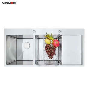Évier de cuisine contemporain à double bac en acier inoxydable fait main avec égouttoir pour la maison - Product Image 6