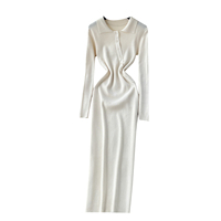 Robe midi en tricot à manches longues pour femme, robe élégante à col, robe moulante pour le bureau en automne