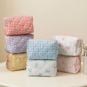 Bolsa Organizadora de Maquillaje de Viaje para Mujer, de Algodón, con Diseño a Cuadros y Lazo, Ecológica, de Gran Capacidad, Personalizada, con Cierre, para Damas de Honor - Product Image 1