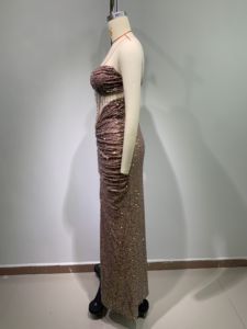 Frau vorne Schlitz Pailletten Perle Luxus Abendkleider von der Schulter Aushöhlen Quaste Kleid Ballkleider - Product Image 4