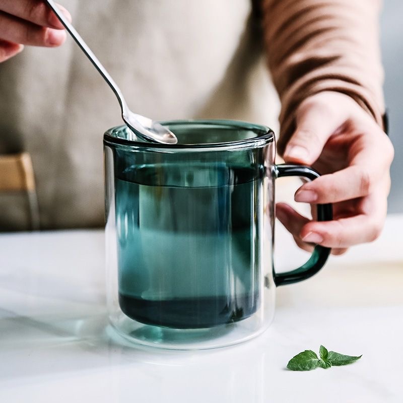 Solid Color Double Wall Coffee Tea Mug Heat Resistance Microwave Safe Borosilicate Glass Cup