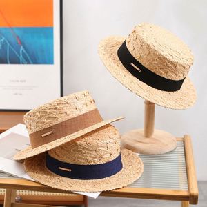 2024 Spring <b>Summer</b> Ribbon Decoration Lafite Custom <b>Straw</b> <b>Hat</b> Flat Top Brim Woman Sun <b>Hats</b> for <b>Summer</b> - Product Image 1