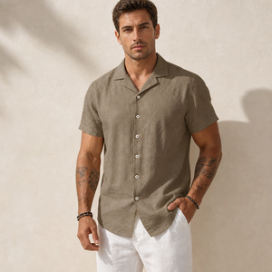 Camisa de <span class=keywords><strong>Lino</strong></span> con Cuello Cubano para Hombre, Suministro de Fábrica, Personalizada, Manga Corta, Informal, para Vacaciones, al por Mayor - Product Image 2