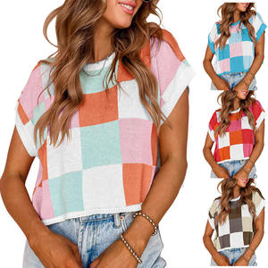 2024 printemps été casquette haut court manches couleur bloc col rond tricoté damier pull court - Product Image 1
