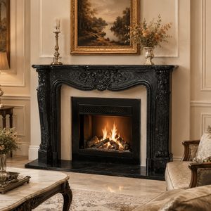 Traditional Marble <b>Fireplace</b> Mantel With Ornate Carving Black Jade marble Stone Indoor Wood Burning Hearth For Dining Room - Product Image 1