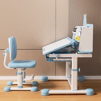 Ensemble de bureau et chaise ergonomiques pour enfants, hauteur réglable, plateau inclinable, tiroir de rangement, étagère, bleu et blanc, meubles pour la maison