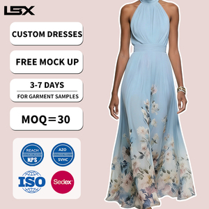 Vestido largo maxi personalizado con estampado floral para mujer, vestido de verano sin mangas con cuello halter, vestido largo plisado bohemio de cintura alta para la <span class=keywords><strong>playa</strong></span>. - Product Image 1