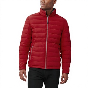 Men's Red Jacket Stand Collar Zipper Closure Windproof Casual Winter Wear Regular Fit Polyester Wadding - Product Image 1