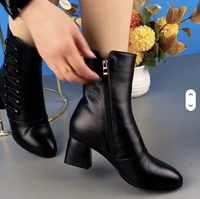 Bottines à talons épais pour femmes - Cuir de vache noir - Chaussures de marche d'hiver