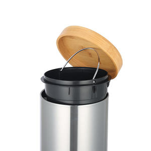 Poubelle à couvercle en bambou, en acier inoxydable, cylindrique, à commande au pied, silencieuse, pour la maison, la cuisine, le salon, le rangement - Product Image 3