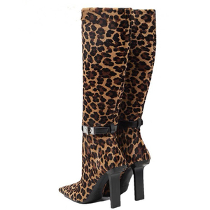 Nouvelles bottes hautes pour femmes à imprimé léopard, bout carré, en daim, avec boucles à la cheville, talons épais, bottes longues, taille 44, chaussures personnalisées - Product Image 4