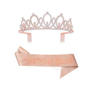 Ensemble de fête d'anniversaire or rose, couronne en alliage, écharpe scintillante, décoration Joyeux Anniversaire Reine, 8-13 ans - Product Image 4