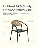 Chaise de salle à manger en rotin pour patio avec structure en métal noir