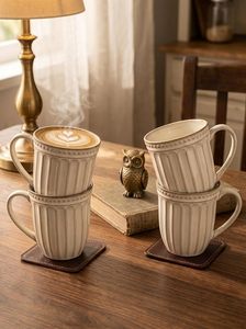 Tazza in Ceramica Rustica Bianca Lavata con Fondo Scanalato, Tazza da Caffè Retrò a Righe con Manico per Arredamento Casa e Cucina - Product Image 4