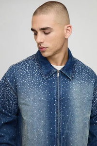 Custom 2 Piece Men's Jeans Set Washed Oversized Boxy Fit <b>Rhinestone</b> Denim <b>Jacket</b> Set - Product Image 3