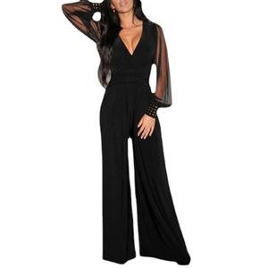 จั๊มสูทขายาวลำลองสำหรับฤดูร้อน แฟชั่นผู้หญิง จั๊มสูทขายาวแขนยาวสีพื้น จั๊มสูทจีบระบายขากว้างสำหรับผู้หญิง - Product Image 6