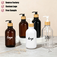 Botol Lotion Plastik Logo Kustom Amber Bening Putih Hitam Isi Ulang untuk Sabun Mandi Sampo 300 ml 500ml dengan Pompa Bambu