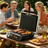 Anbolife OEM Plancha de asar con revestimiento antiadherente, desmontable, con 6 placas, 6 programas diferentes, temporizador de cuenta regresiva, 90 y 180 grados de ángulos de apertura.