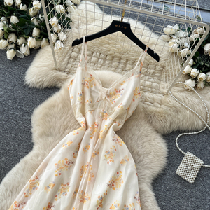 Vestido Longo de Verão para Mulheres com Alças Finas, Decote em V, Estampa <span class=keywords><strong>Floral</strong></span> e Renda, Modelo A-line Fluido - Product Image 2