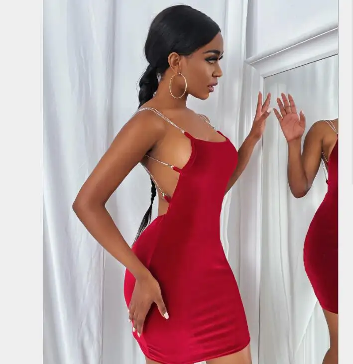 Vestido corto femenino de una pieza con Espalda descubierta, minivestido sexy cruzado de noche, color rojo, 2021