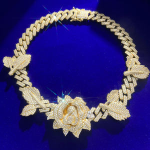 유행 보석 특대 얼음 925 실버 황동 결혼식 신부 블링 칼라 큰 장미 꽃 쿠바 체인 초커 목걸이 여성용 - Product Image 5