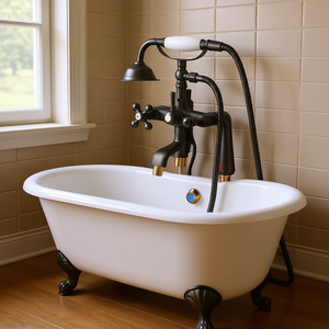 Grifo de Bañera Vintage de Bronce Envejecido con Rociador de Lluvia, Montaje en Cubierta, 3 Orificios, 2 Manijas, Kit de Ducha - Product Image 2