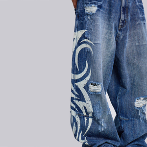 Y2K estilo leve <span class=keywords><strong>Jeans</strong></span> soltos dos homens Custom cintura alta respirável Denim tecido Street Screen Print Design Bordado <span class=keywords><strong>Jeans</strong></span> Baggy
