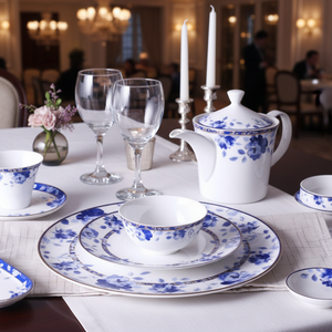 Used Restaurant Crockery <strong>Blue</strong> and White Porcelain Plates Bone China <strong>Dinner</strong> <strong>Set</strong> for Sale - Product Image 5