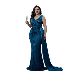 Blue Beaded <b>Evening</b> <b>Dress</b> V-Neck Mermaid Gown Floor-Length Formal Wear <b>for</b> <b>Wedding</b> Party - Product Image 2