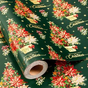 Papier d'emballage doré Joyeux Noël, rouge et vert, réversible, motif floral de sapin de Noël et de mistletoe - Product Image 1