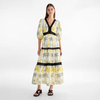 Robe midi personnalisée pour femme à imprimé feuille de palmier, col en V, manches bouffantes trois quarts, garniture en dentelle noire, à volants